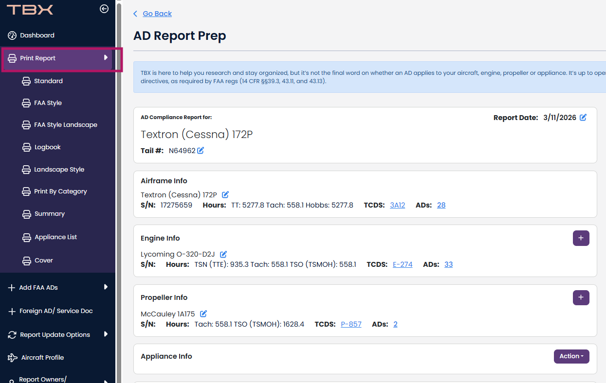 Create an AD Report from an Aircraft Profile