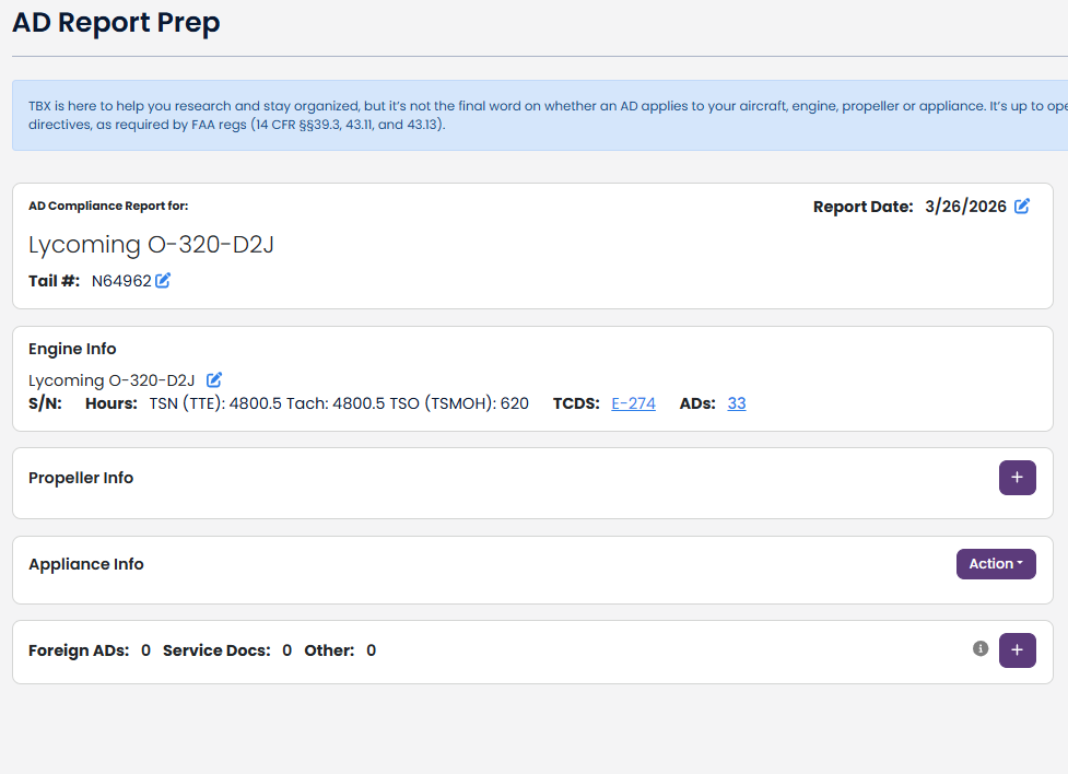 Create an AD Report for Engine only from an Aircraft Profile