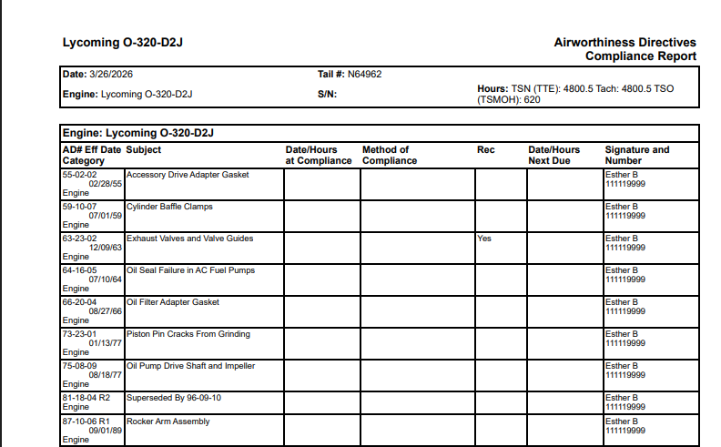 Create an AD Report for Engine only from an Aircraft Profile