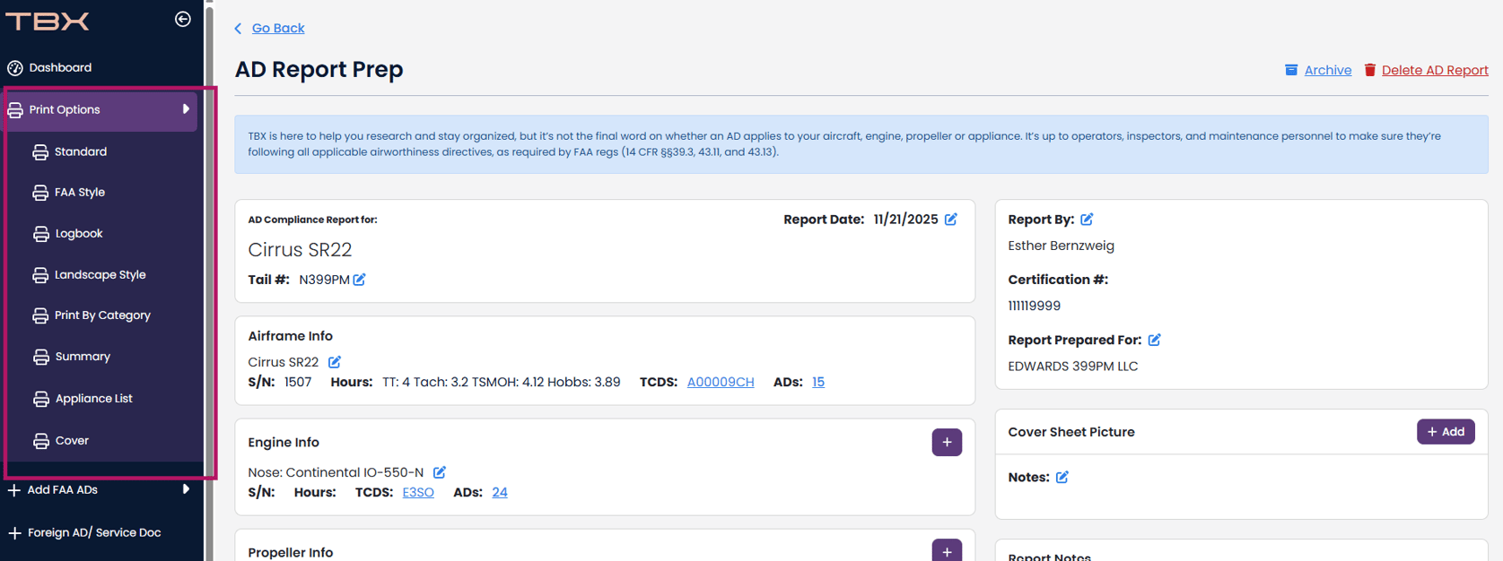 AD Compliance Report Print Options