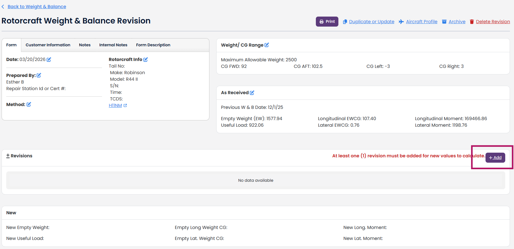 Creating a Rotorcraft Weight and Balance Form
