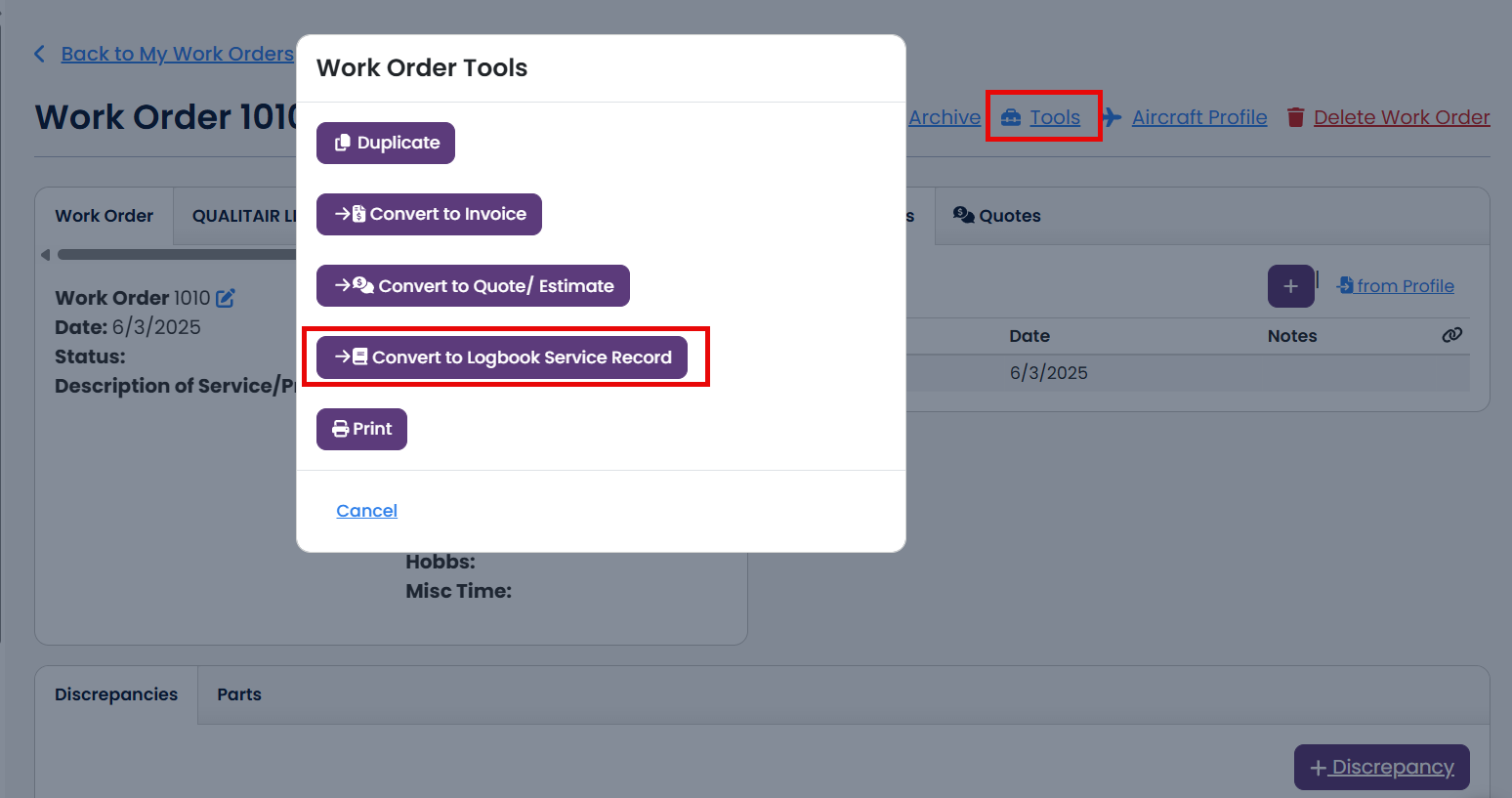 Converting a Work order to a Logbook Record