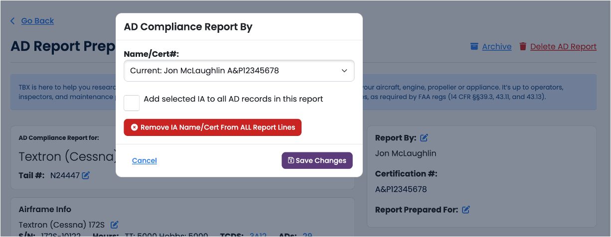 Update IA Names/Cert #s on All AD Compliance Report Line Items